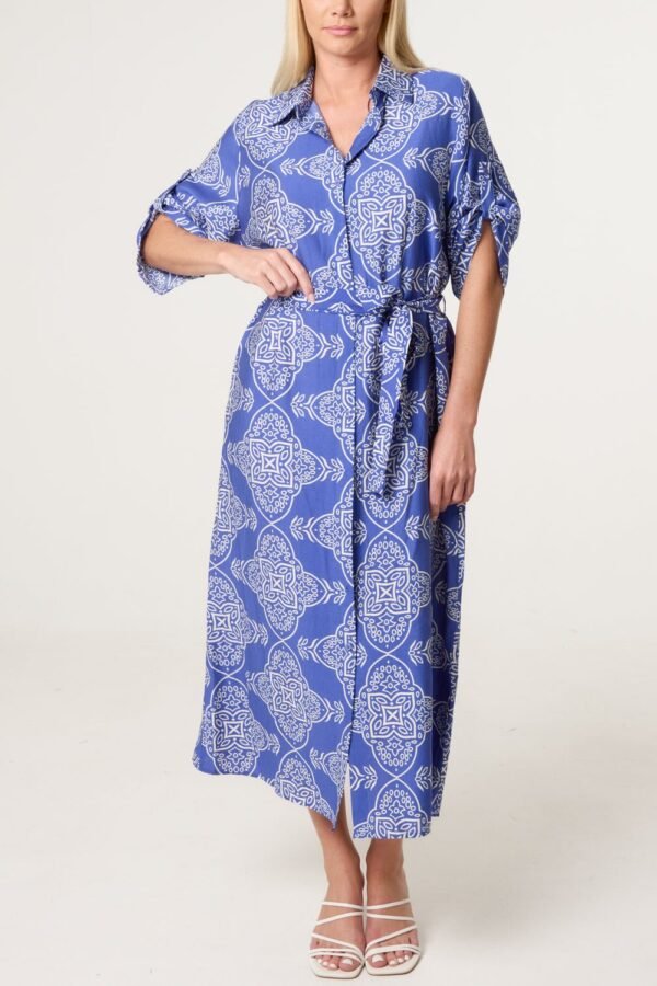 Blue Printed Tie Waist Shirt Dress