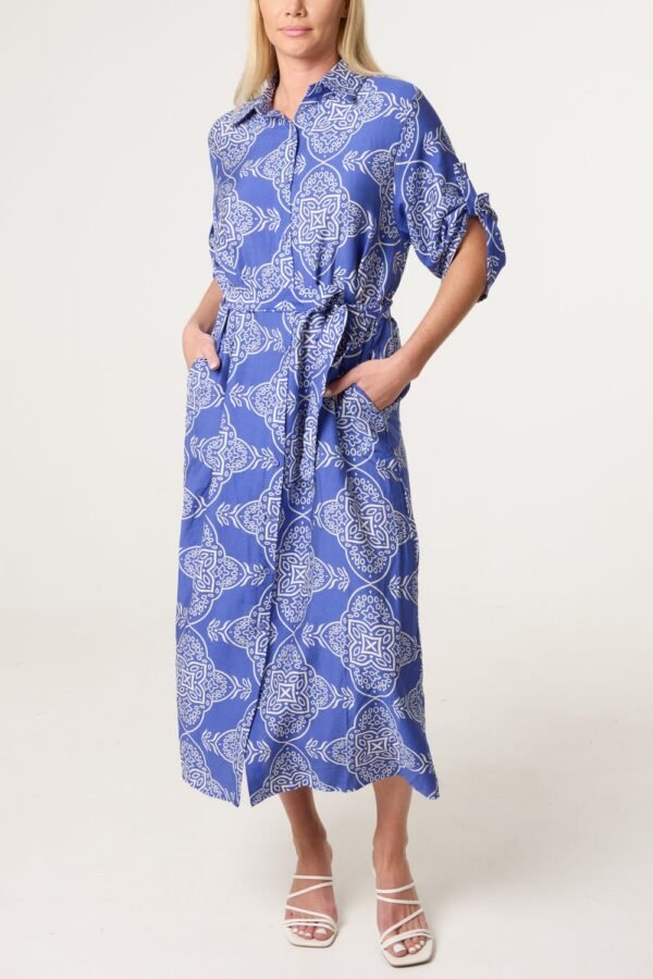 Blue Printed Tie Waist Shirt Dress