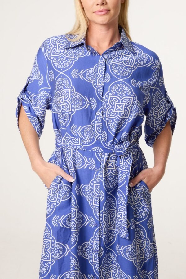 Blue Printed Tie Waist Shirt Dress
