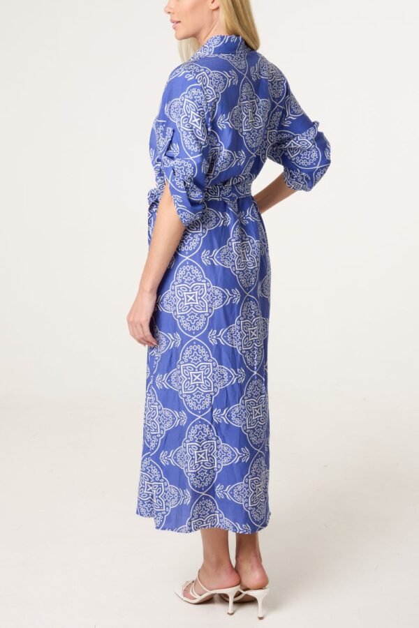 Blue Printed Tie Waist Shirt Dress