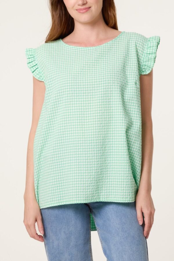 Gingham Frill Sleeve Button Back Top