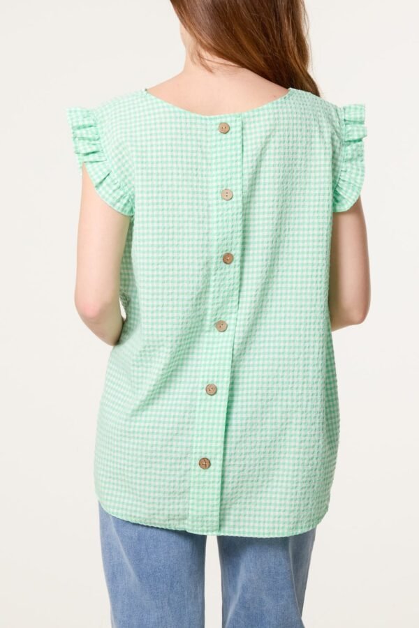 Gingham Frill Sleeve Button Back Top