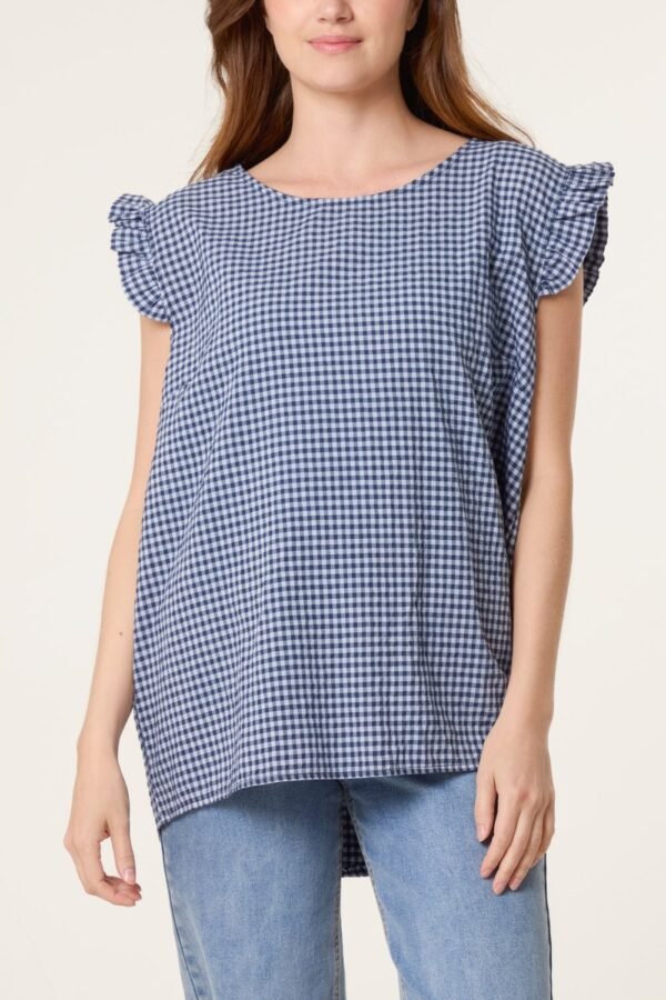Gingham Frill Sleeve Button Back Top