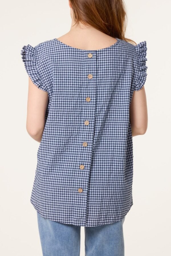Gingham Frill Sleeve Button Back Top