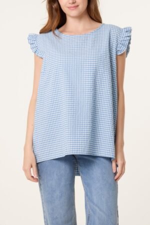 Gingham Frill Sleeve Button Back Top