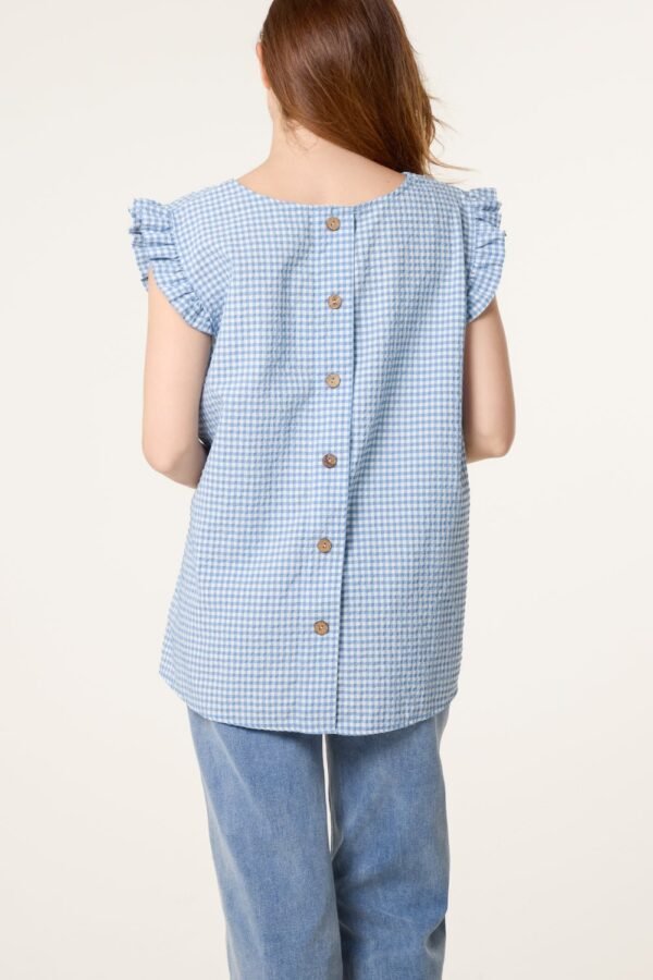 Gingham Frill Sleeve Button Back Top