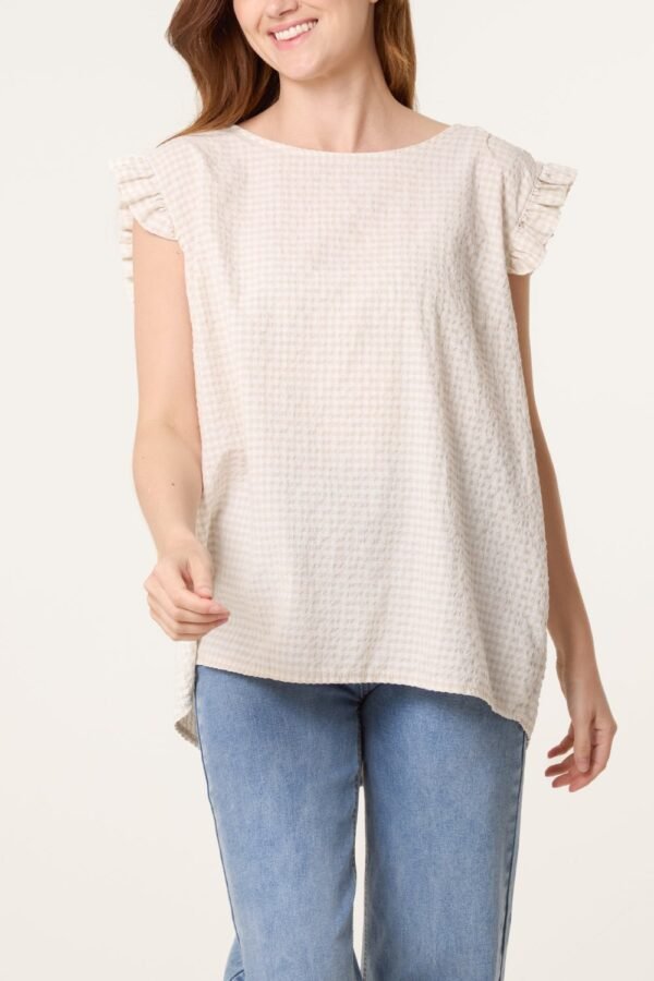 Gingham Frill Sleeve Button Back Top