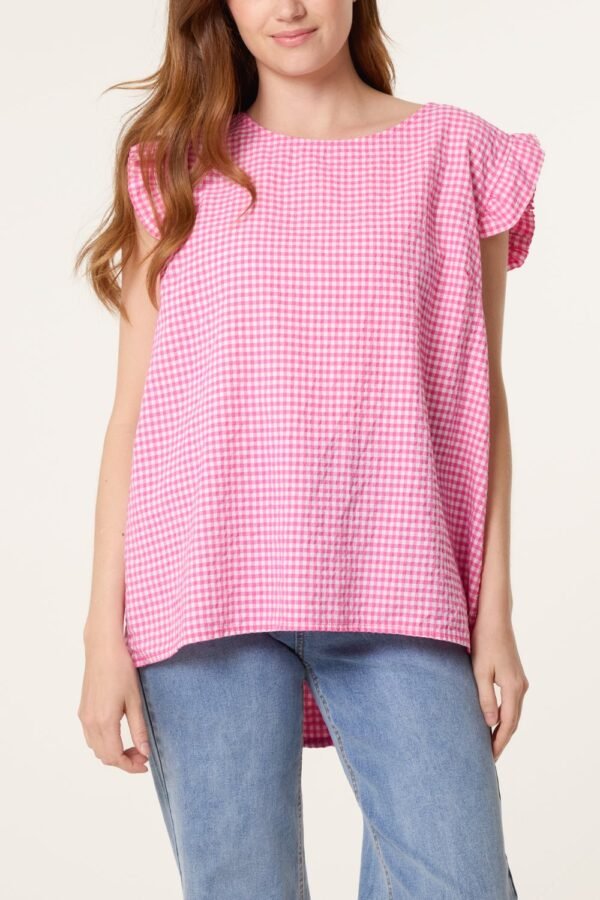 Gingham Frill Sleeve Button Back Top