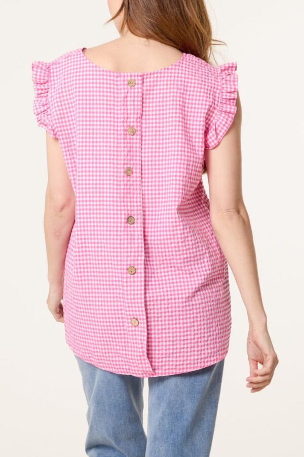 Gingham Frill Sleeve Button Back Top
