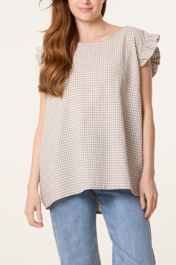 Gingham Frill Sleeve Button Back Top