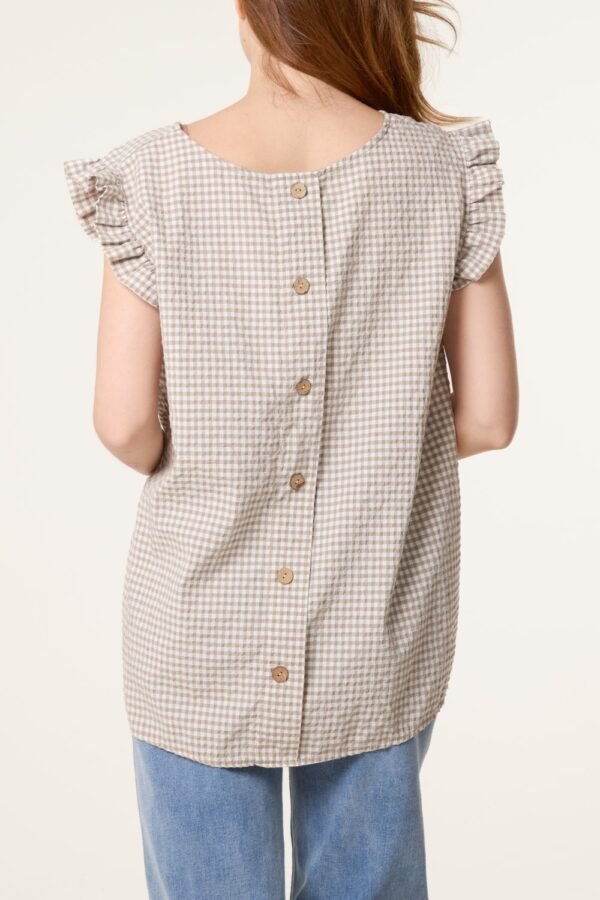 Gingham Frill Sleeve Button Back Top