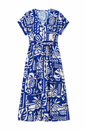 Blue & Cream Printed Button-Through Midi Dress
