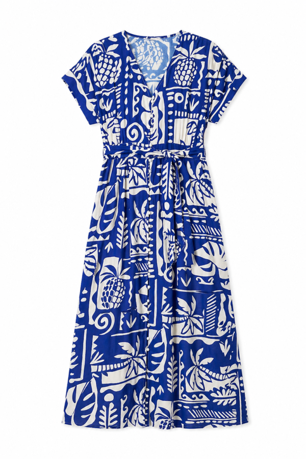 Blue & Cream Printed Button-Through Midi Dress