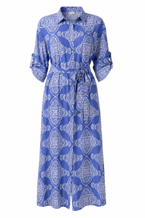 Blue Printed Tie Waist Shirt Dress