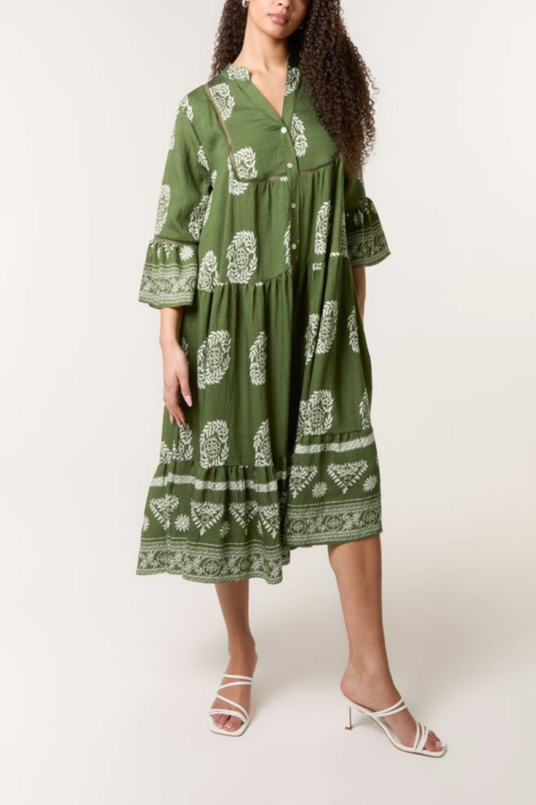 Boho Print Tiered Midi Dress – Khaki/Navy
