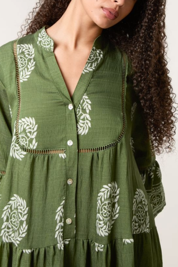 Boho Print Tiered Midi Dress – Khaki/Navy