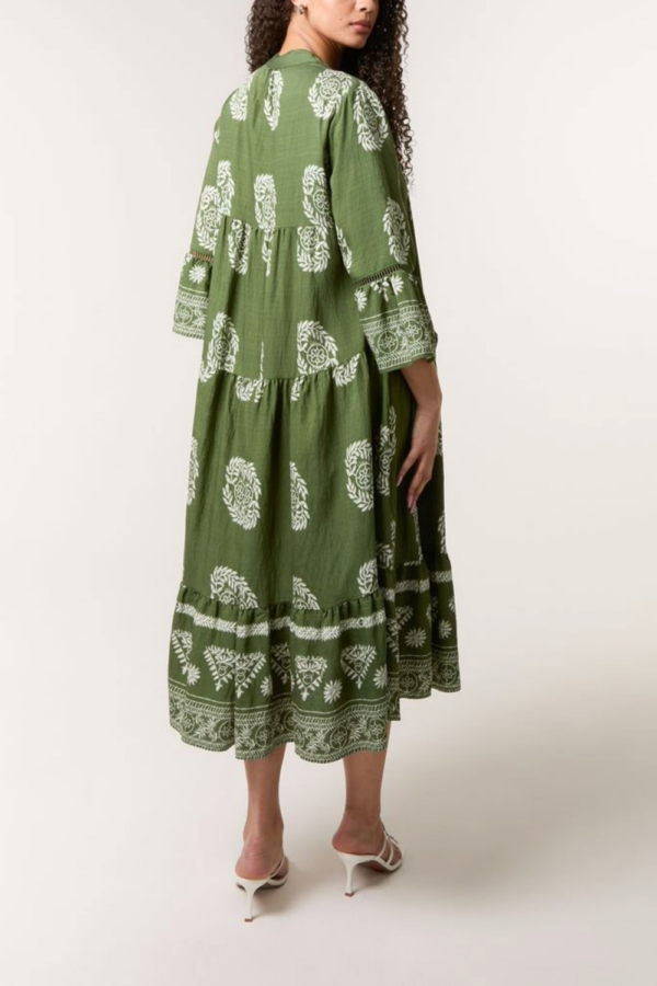 Boho Print Tiered Midi Dress – Khaki/Navy