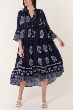 Boho Print Tiered Midi Dress – Khaki/Navy