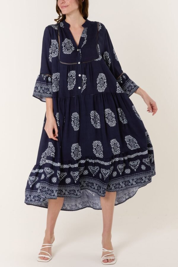 Boho Print Tiered Midi Dress – Khaki/Navy