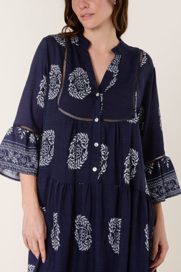 Boho Print Tiered Midi Dress – Khaki/Navy