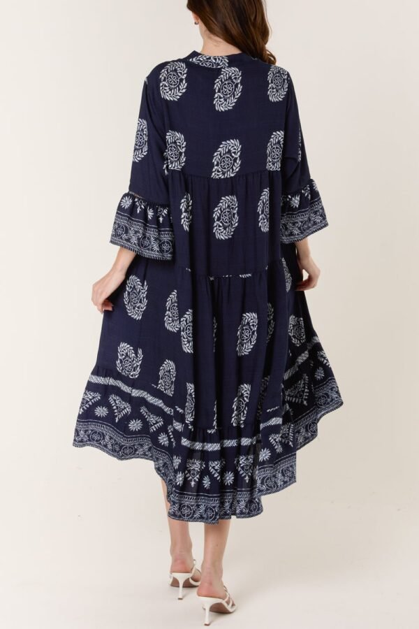 Boho Print Tiered Midi Dress – Khaki/Navy
