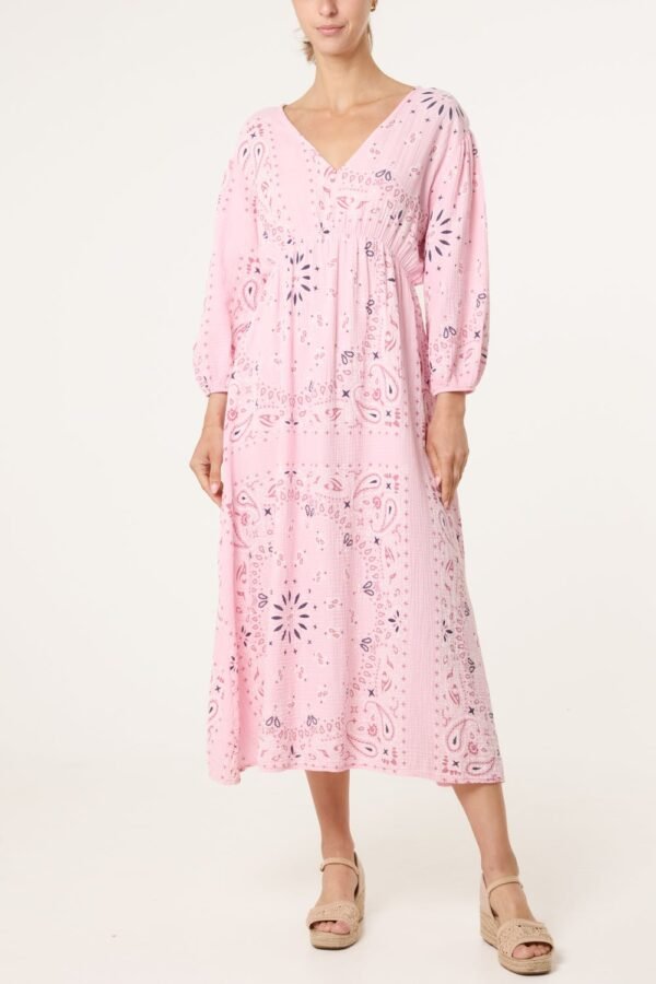 Bandana Print Puff Sleeve Midi Dress