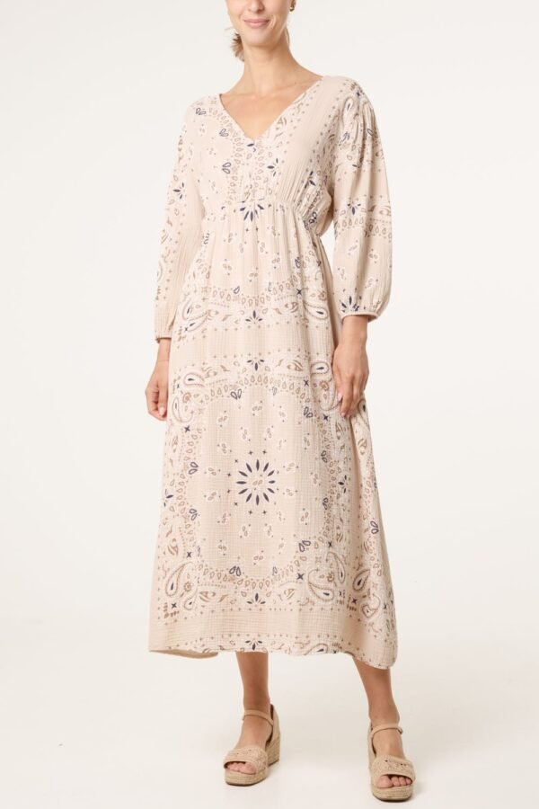 Bandana Print Puff Sleeve Midi Dress