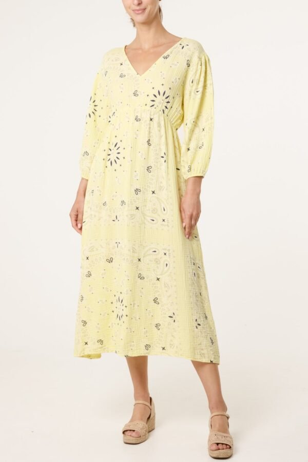 Bandana Print Puff Sleeve Midi Dress