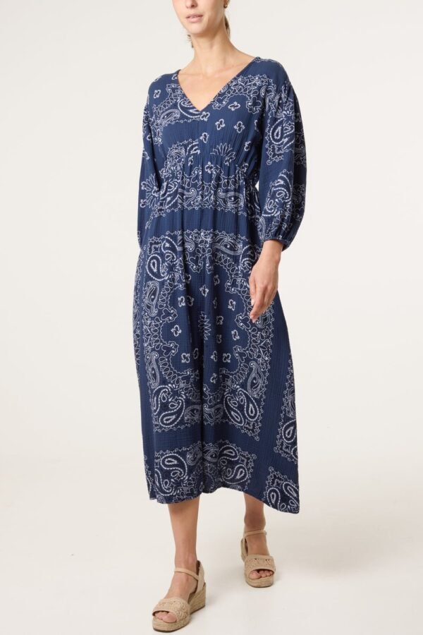 Bandana Print Puff Sleeve Midi Dress