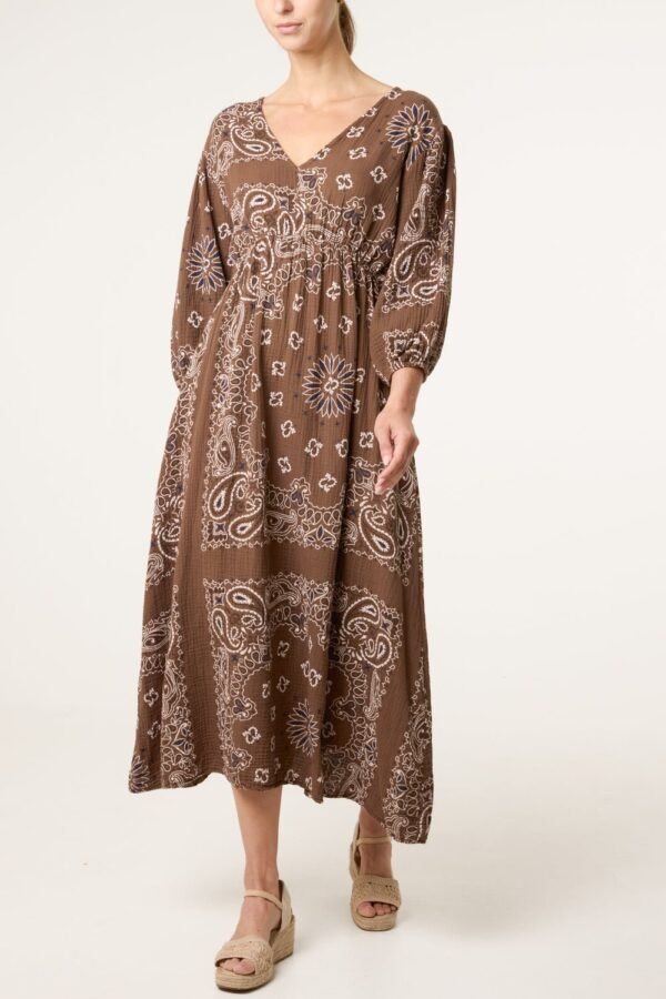 Bandana Print Puff Sleeve Midi Dress