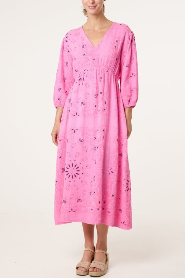 Bandana Print Puff Sleeve Midi Dress