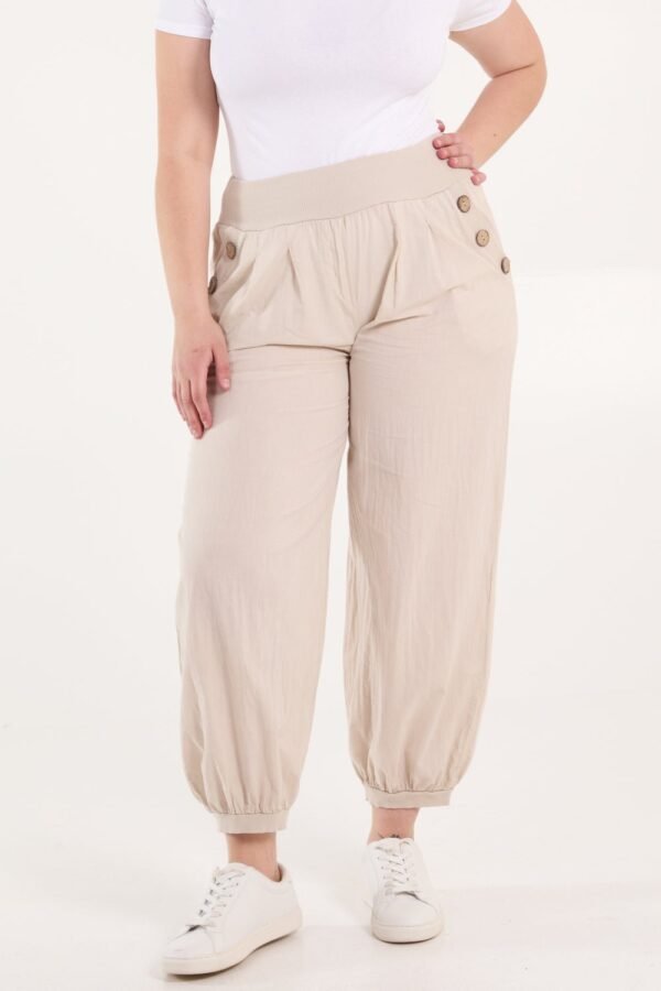 Button Pocket Cotton Harem Trousers