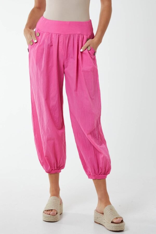 Button Pocket Cotton Harem Trousers