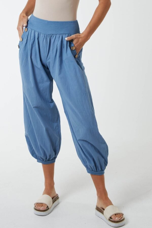 Button Pocket Cotton Harem Trousers