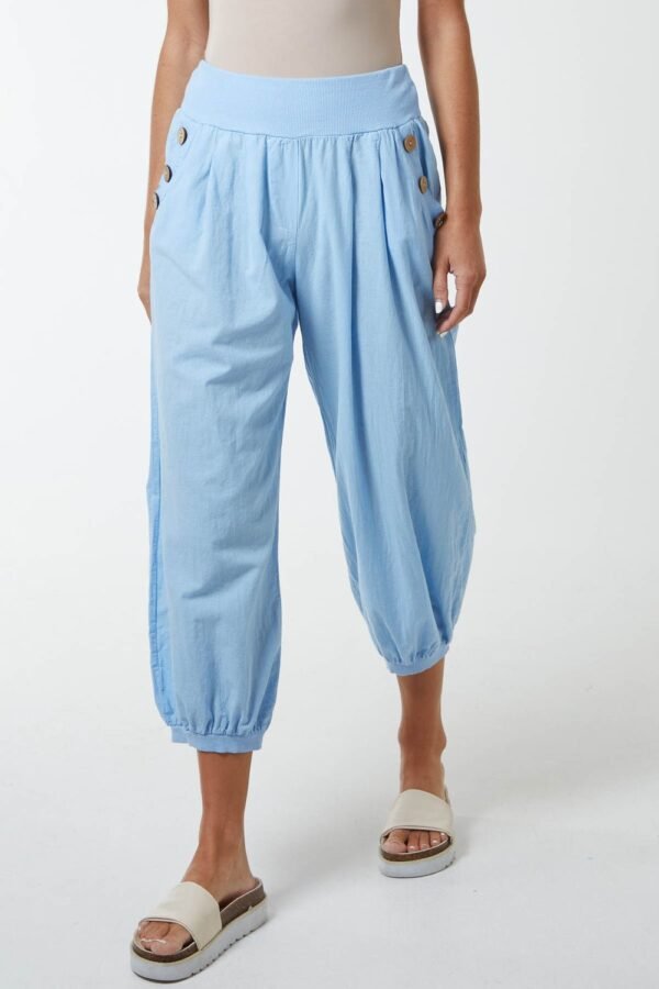 Button Pocket Cotton Harem Trousers