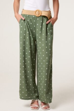 Polka Dot Wide Leg Trousers With Straw Belt