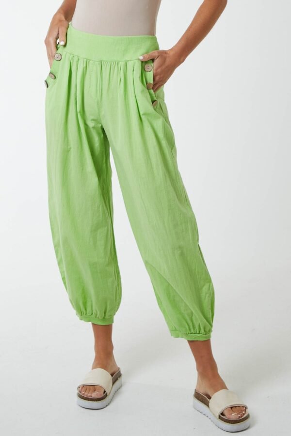 Button Pocket Cotton Harem Trousers