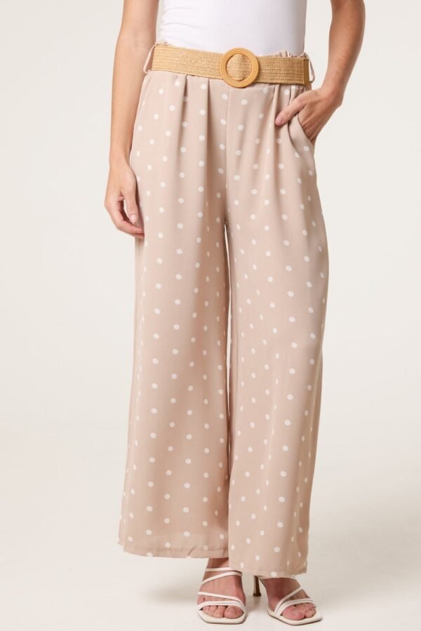 Polka Dot Wide Leg Trousers With Straw Belt