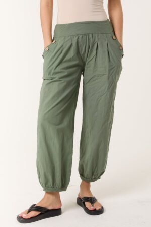 Button Pocket Cotton Harem Trousers