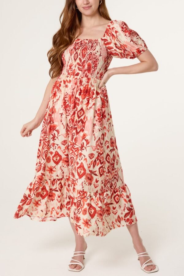 2026/06/1000427160.jpg Red Floral Shirred Puff Sleeve Midi Dress