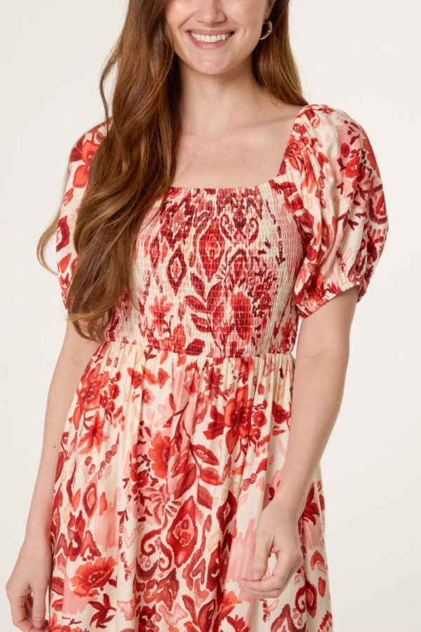 2026/06/1000427161.jpg Red Floral Shirred Puff Sleeve Midi Dress