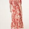 2026/06/1000427162.jpg Red Floral Shirred Puff Sleeve Midi Dress