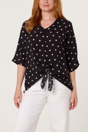 Black Polka Dot Tie Front Top – One Size