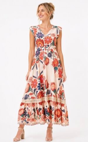 Multi Orange Floral Cap Sleeve Dress