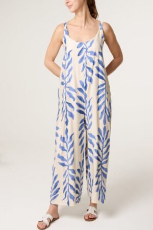 Leaf Print Wide Leg Jumpsuit
