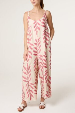Leaf Print Wide Leg Jumpsuit