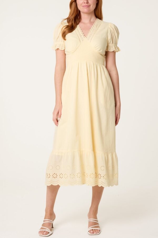 Broderie Anglaise V-Neck Midi Dress- Lemon