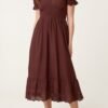 Broderie Anglaise V-Neck Midi Dress -Chocolate Brown