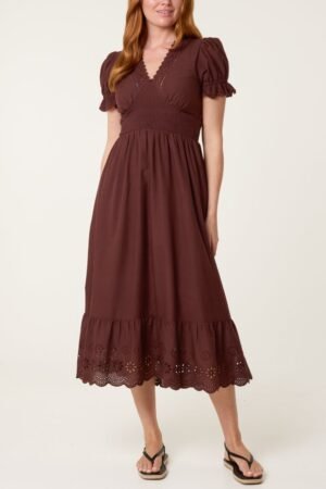Broderie Anglaise V-Neck Midi Dress -Chocolate Brown