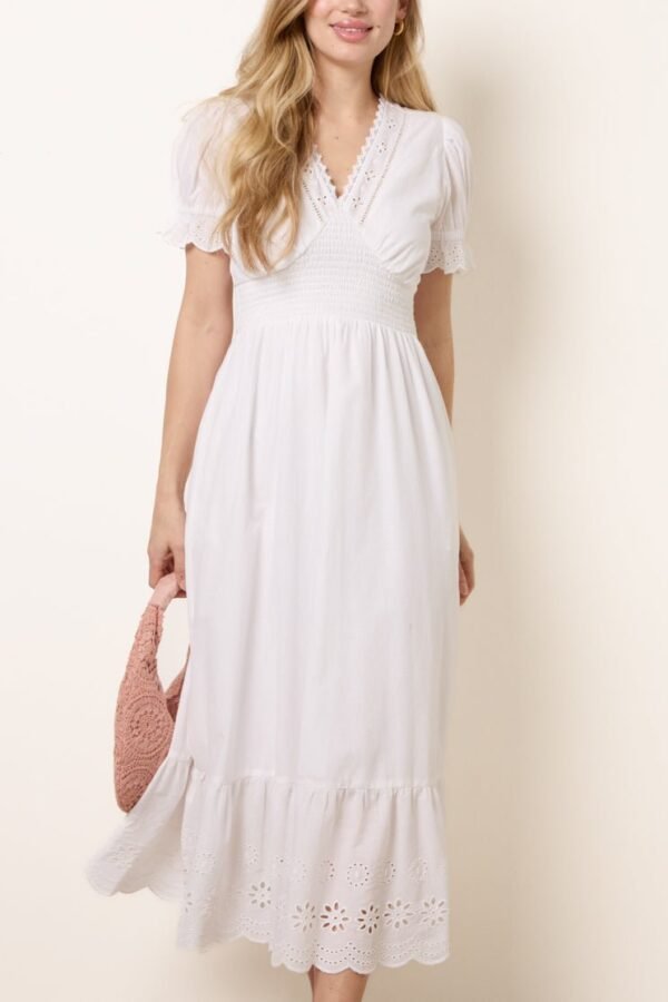 Broderie Anglaise V-Neck Midi Dress- White